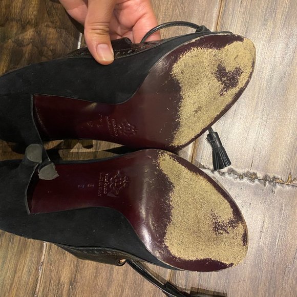 Nanette Lepore Black Mixed Suede and Patent-Leather Peep-Toe Lace-Up Pumps - Picture 5 of 5